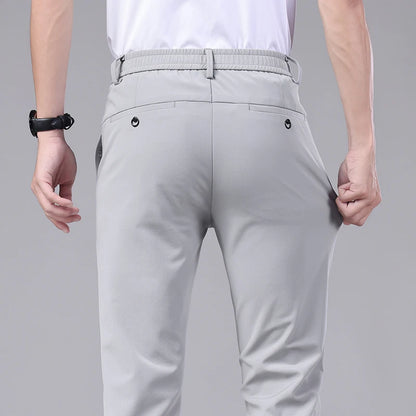 Ultra-thin Elastic Men's Casual Trousers Summer Quick-drying Ice Silk Slim Straight Business Solid Color Trousers Black Gray