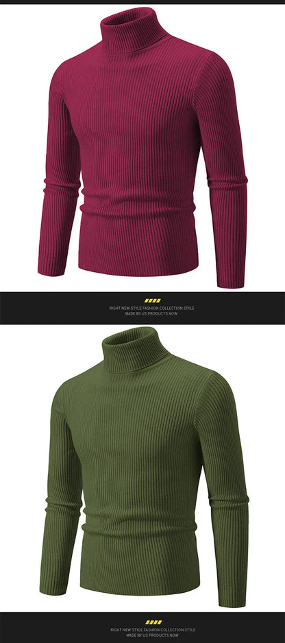 Men Pullovers Tops Turtleneck Sweaters Solid Knitted Full Sleeve Casual Regular Top Knit Thick Splice Slim Fit Autumn Winter