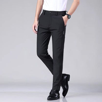 Ultra-thin Elastic Men's Casual Trousers Summer Quick-drying Ice Silk Slim Straight Business Solid Color Trousers Black Gray