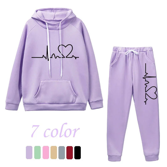 Womens Tracksuit Heart Printing Hooded Sweatshirts Suit Gym Jogging Clothing Autumn Winter Fleece Warm Popular Casual Pants Sets