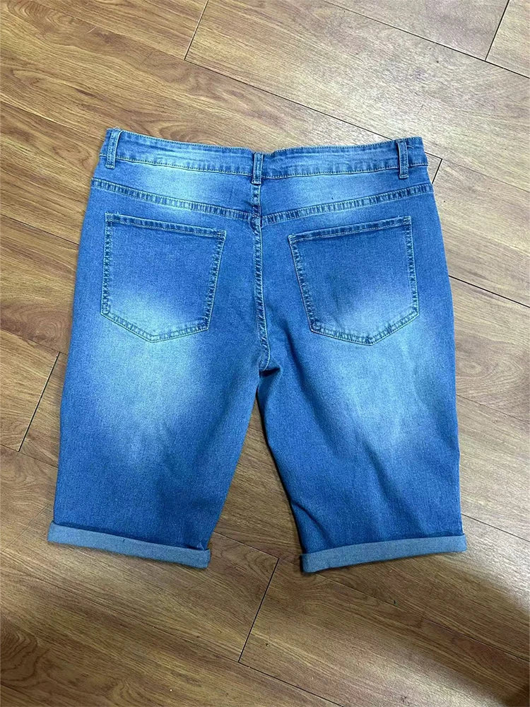 Summer Men's Retro High Waist Denim Shorts Hole-Punched Straight Leg Stretchy Casual Jeans Blue Black American Style Male Pants