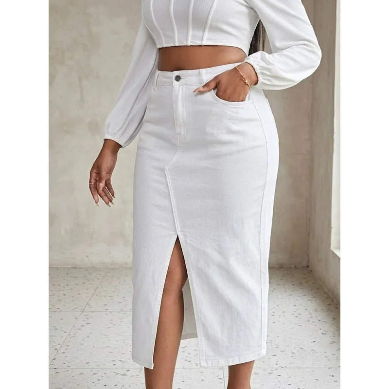 Benuynffy Plus Size High Waist Front Split Denim Midi Skirt Women's New Fashion Vintage Streetwear Washed Bodycon Jean Skirts