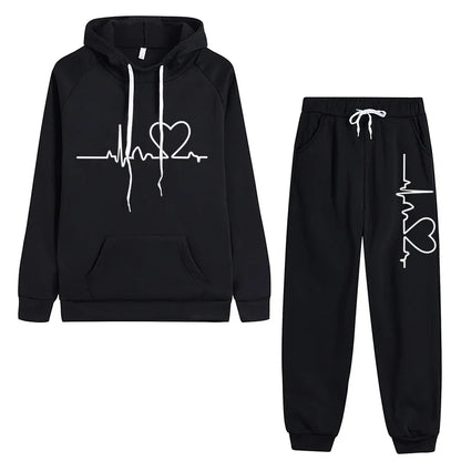 Womens Tracksuit Heart Printing Hooded Sweatshirts Suit Gym Jogging Clothing Autumn Winter Fleece Warm Popular Casual Pants Sets