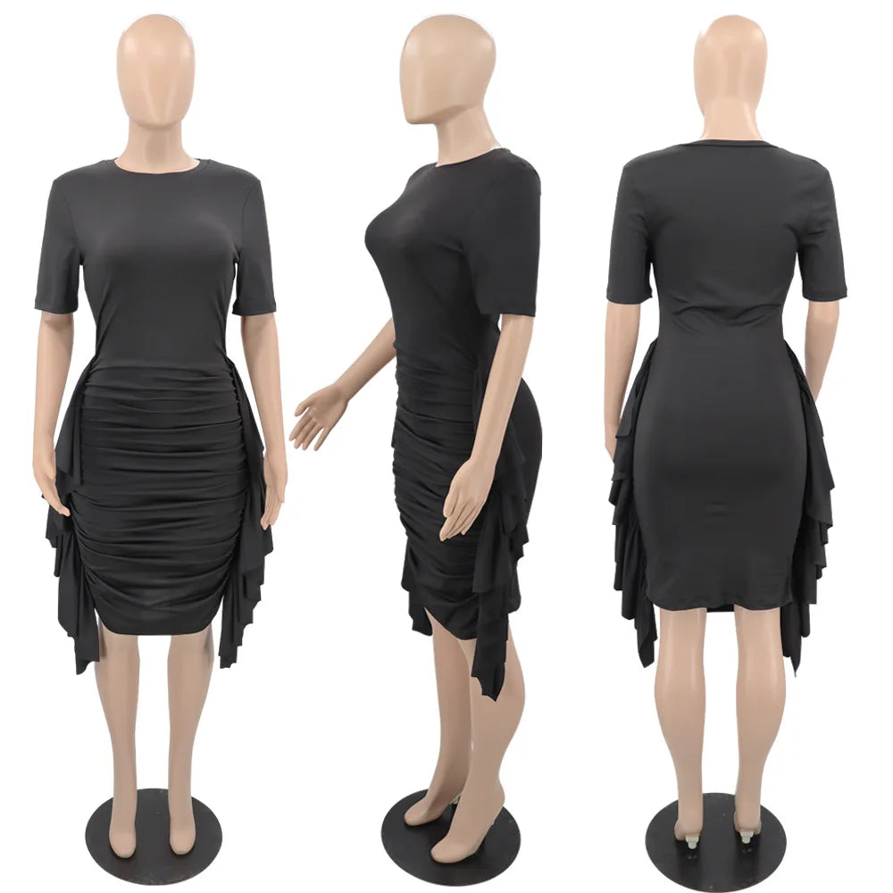African Dresses for Women Summer Elegant African Short Sleeve O-neck Ruffled Skinny Slim Party Evening Dress African Clothing