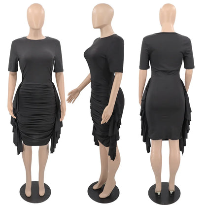 African Dresses for Women Summer Elegant African Short Sleeve O-neck Ruffled Skinny Slim Party Evening Dress African Clothing