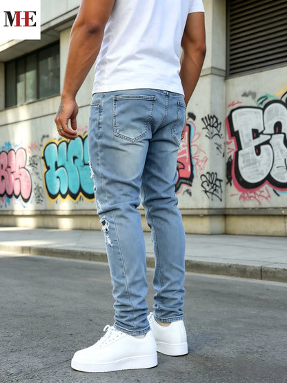HME Men's Stretch Denim Pants, Light Blue Slim Ripped Skinny Jeans for Comfortable Fit