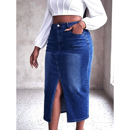 Benuynffy Plus Size High Waist Front Split Denim Midi Skirt Women's New Fashion Vintage Streetwear Washed Bodycon Jean Skirts