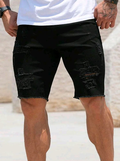 Skinny Ripped Denim Shorts Men's Summer Stretch Slim White Hole Jeans Hip-hop Rock Moto Knee Length Pants Fashion Streetwear