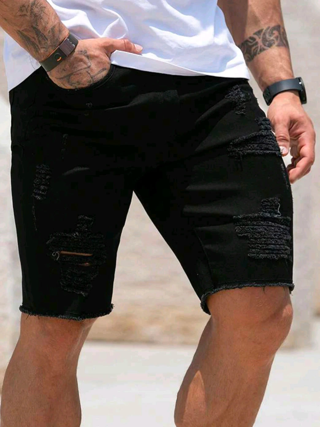Skinny Ripped Denim Shorts Men's Summer Stretch Slim White Hole Jeans Hip-hop Rock Moto Knee Length Pants Fashion Streetwear
