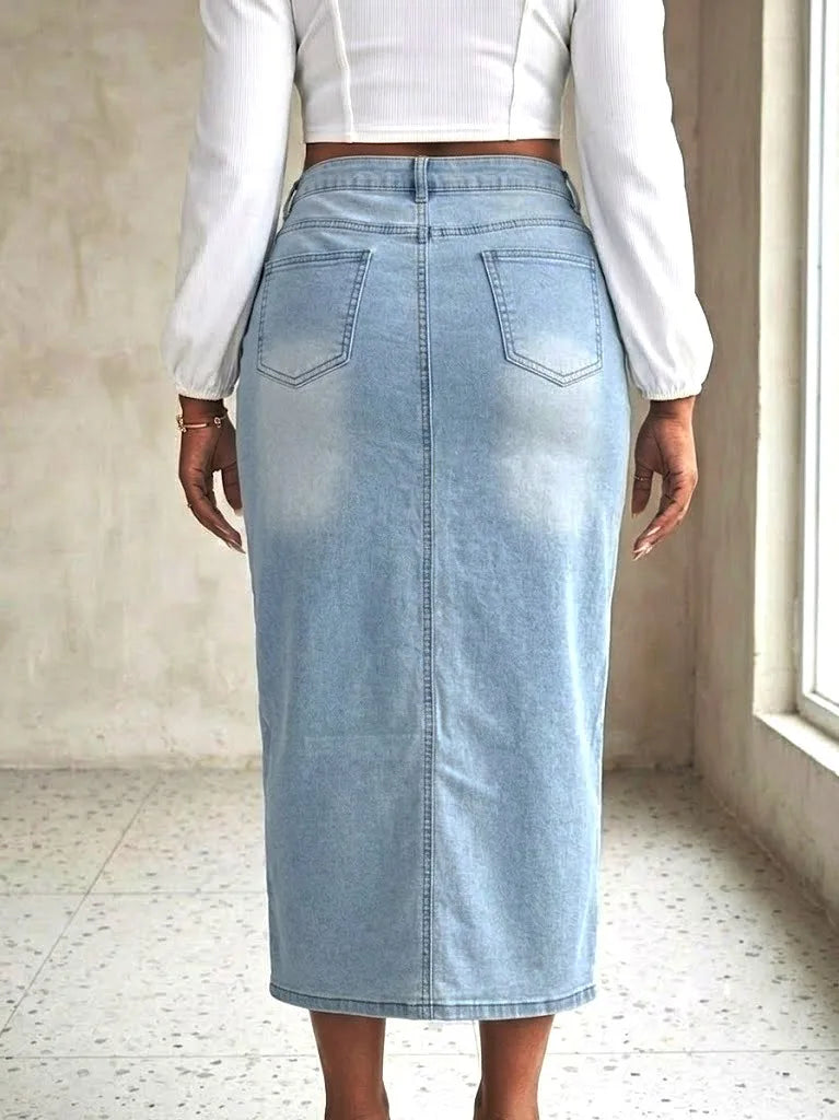 Benuynffy Plus Size High Waist Front Split Denim Midi Skirt Women's New Fashion Vintage Streetwear Washed Bodycon Jean Skirts