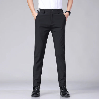 Ultra-thin Elastic Men's Casual Trousers Summer Quick-drying Ice Silk Slim Straight Business Solid Color Trousers Black Gray