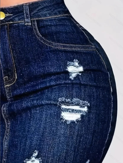 Dark Blue Ripped, Frayed-Edge, Bodycon Denim Skirt