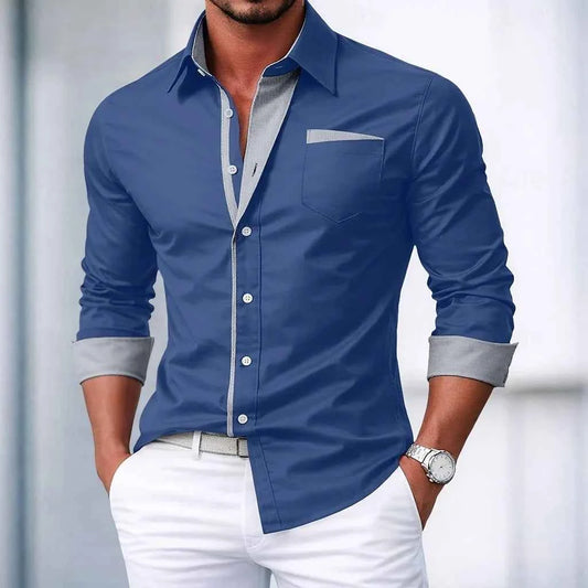 Men's shirt button-down shirt color block casual daily wear navy blue royal blue long sleeve cuffed spring and autumn clothing c