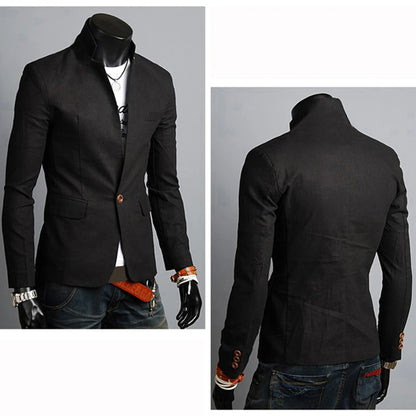 Business Autumn Pockets Men Coat Solid Color Lapel Collar Button Decor Business Blazer