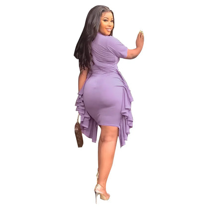 African Dresses for Women Summer Elegant African Short Sleeve O-neck Ruffled Skinny Slim Party Evening Dress African Clothing
