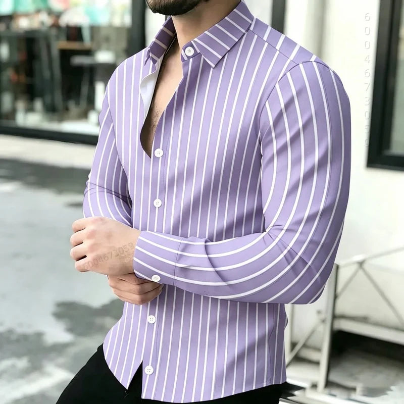 2026 Hot Selling Light Luxury Men's Shirt Striped Shirt Blue and White Vertical Striped Shirt Casual Outdoor Men's Shirt