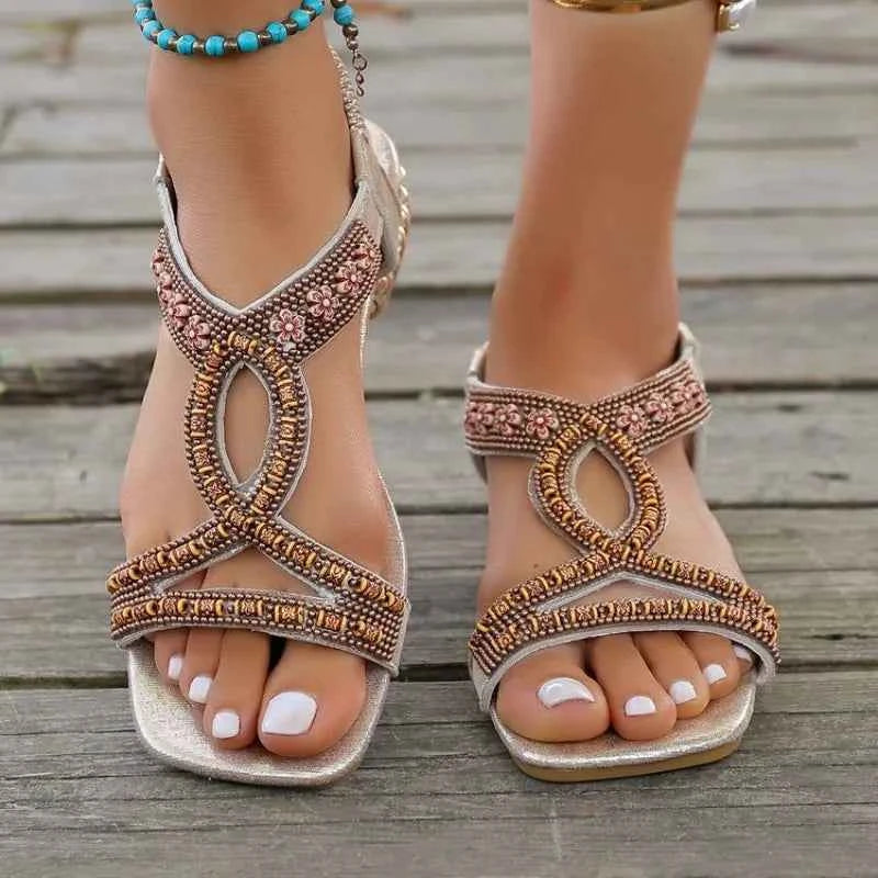 Sandals 2026 Comfortable Ladies Summer Fashion Hollow Rhinestone Flat Bottom Bohemian Slides Women Sandals Zapatos De Mujer