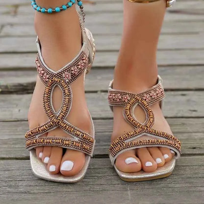 Sandals 2026 Comfortable Ladies Summer Fashion Hollow Rhinestone Flat Bottom Bohemian Slides Women Sandals Zapatos De Mujer