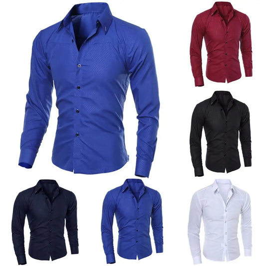 Men's Luxury Casual Social Formal Shirt Lapel Long Sleeve Slim Solid Color Male Business Dress Shirts Blouse Shirt Tops
