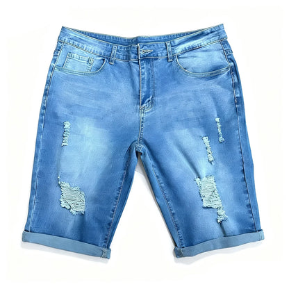 Summer Men's Retro High Waist Denim Shorts Hole-Punched Straight Leg Stretchy Casual Jeans Blue Black American Style Male Pants