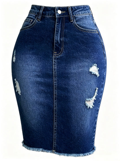 Ladies High-Waist Stretchy Denim Skirt with Ripped Frayed Hem Knee-Length One-Step Skirt for Women