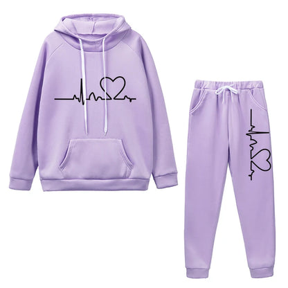 Womens Tracksuit Heart Printing Hooded Sweatshirts Suit Gym Jogging Clothing Autumn Winter Fleece Warm Popular Casual Pants Sets