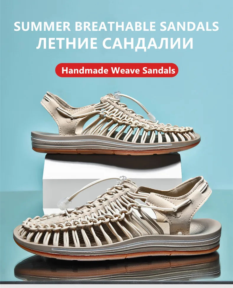 Women Sandals Fashion Handmade Weaving Design Beach Slippers Men Summer Breathable Casual Flat Sandals Outdoor Couples Big Size