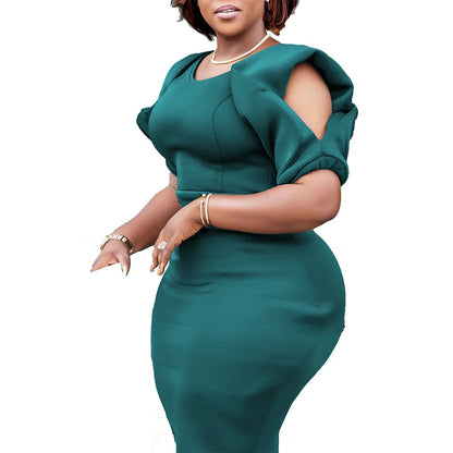Yellow Red Green Polyester African Dresses for Women Summer African Women O-neck Short Sleeve Knee-length Dress African Clothes