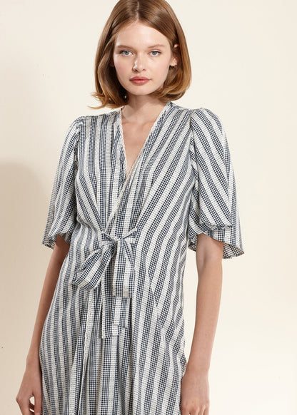 Ditsy Gingham Tie-Front Maxi Dress