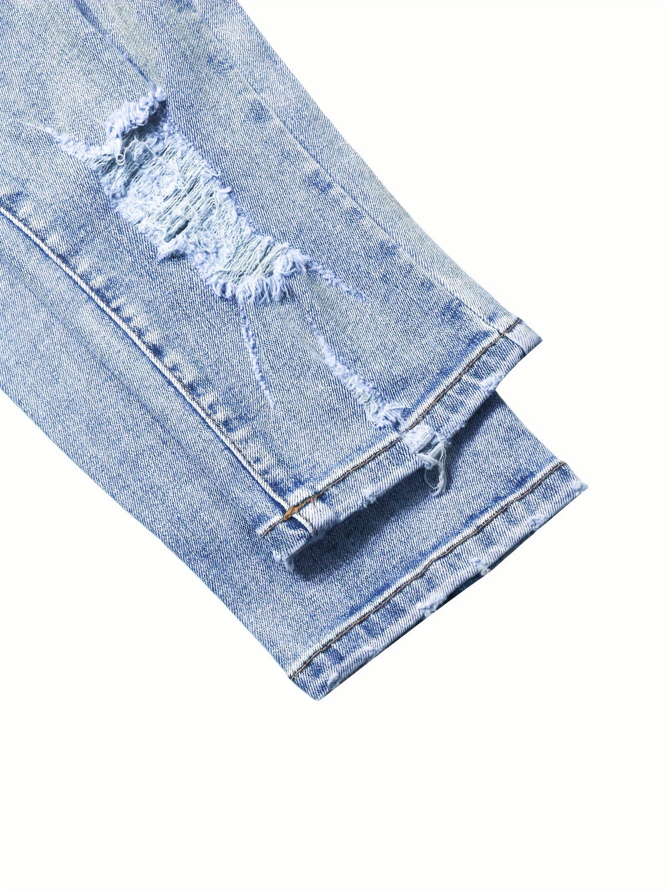 Women's Stretch Denim Jeans - Vintage Street Style, Mid-Rise, Ripped Knee-Length, Light Blue, Casual Streetwear, All-Season Comfort Fit, Comfortable Clothing | Vintage Street Style | Stretch Denim Fabric