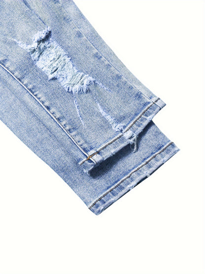 Women's Stretch Denim Jeans - Vintage Street Style, Mid-Rise, Ripped Knee-Length, Light Blue, Casual Streetwear, All-Season Comfort Fit, Comfortable Clothing | Vintage Street Style | Stretch Denim Fabric
