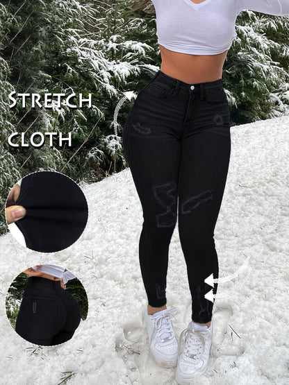 Women's Stretch Denim Jeans - Vintage Street Style, Mid-Rise, Ripped Knee-Length, Light Blue, Casual Streetwear, All-Season Comfort Fit, Comfortable Clothing | Vintage Street Style | Stretch Denim Fabric