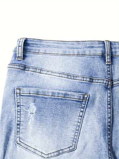 Women's Stretch Denim Jeans - Vintage Street Style, Mid-Rise, Ripped Knee-Length, Light Blue, Casual Streetwear, All-Season Comfort Fit, Comfortable Clothing | Vintage Street Style | Stretch Denim Fabric