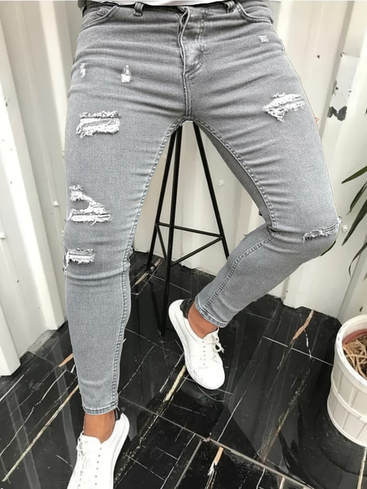New Men'S Casual Slim Fit Worn-out Jeans With Elastic Fashion Trend Men'S Jeans
