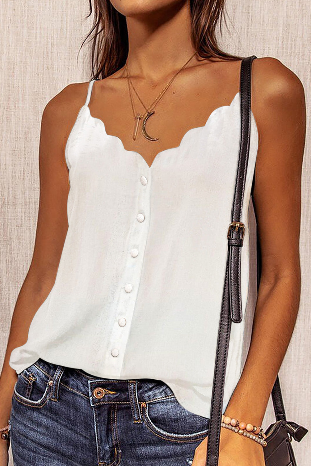 White Spaghetti Strap V-Neck Buttoned Vest